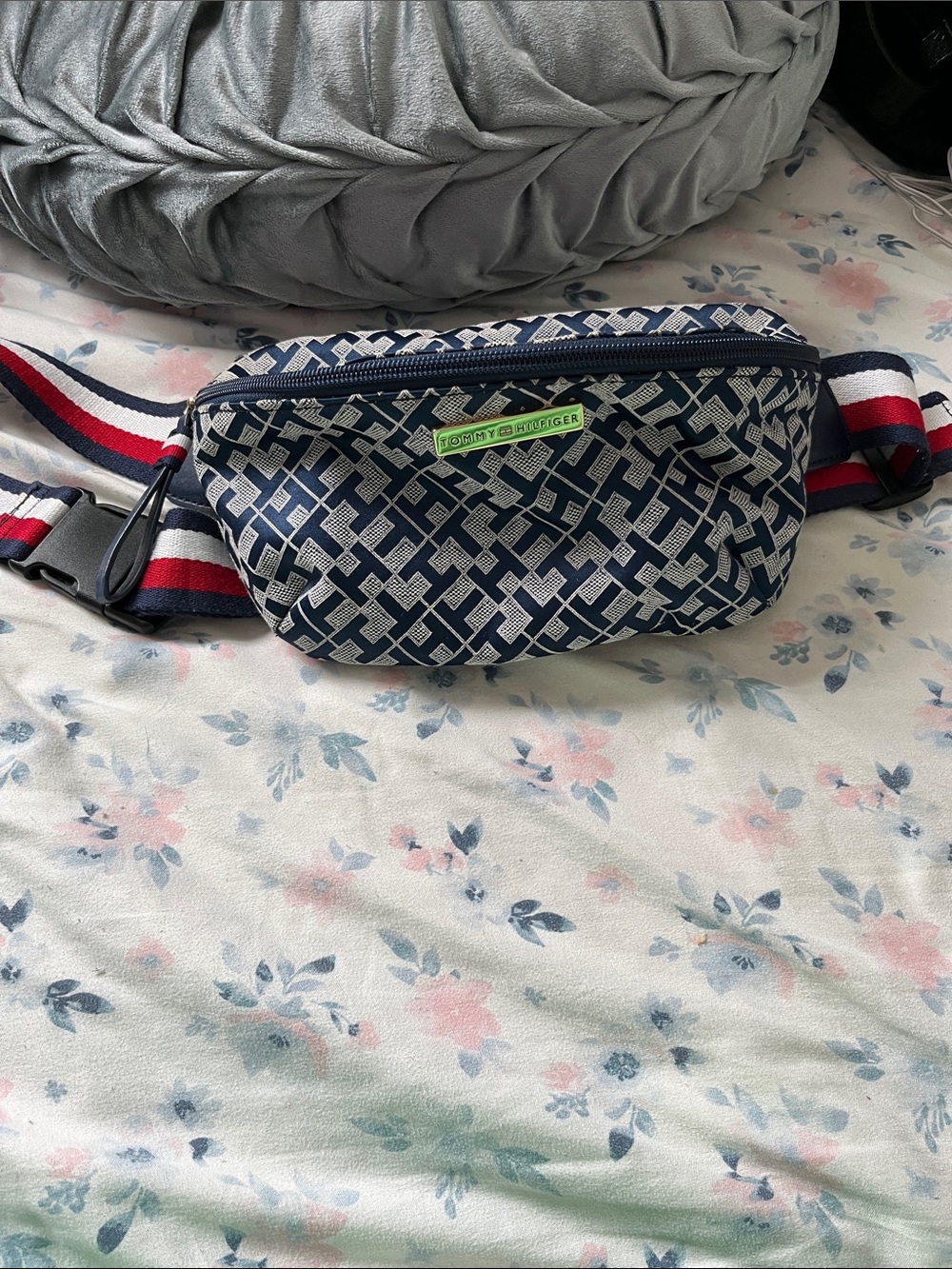 Tommy Hilfiger Navy Patterned Belt Bag with Red, White & Blue Strap